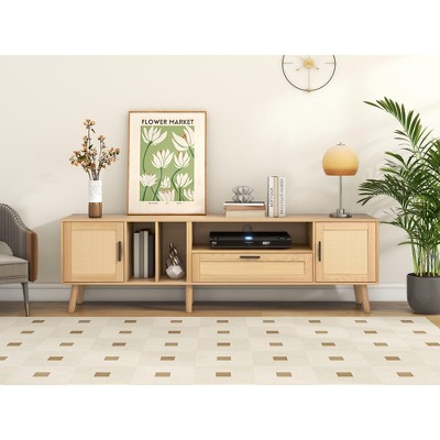 VYNXARIA Stylish Rattan TV Stand with Cabinets & Open Shelves for TVs Up to 80" - Modern Media Console