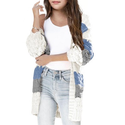 Girls Sweater Cardigan Open Front Longline Sweater Cable Knit Sweater Long Sleeve Color Block Sweater,Sky - XL