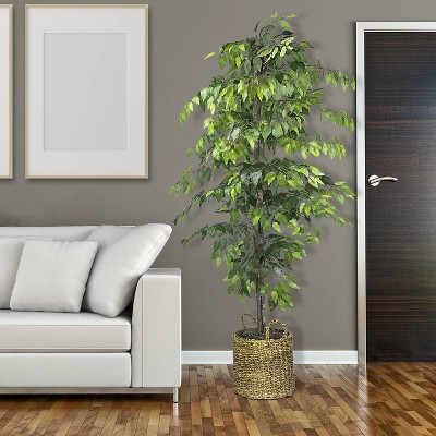 Verdant Charm 72" Faux Ficus Floor Plant in Handwoven Basket