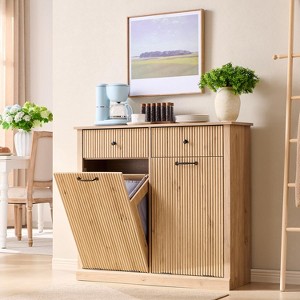 Tilt-Out Trash Cabinet, Fluted Laundry Hamper Cabinet with Drawers, Wooden Hidden Garbage Can Bin Cabinet with Storage Basket for Kitchen, Living Room - 1 of 4