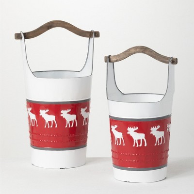 Sullivans Reindeer Metal Buckets with Wood Handles Set of 2, 22"H & 20"H Red