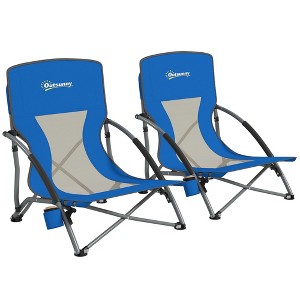 Outsunny Set of 2 Folding Beach Chair, Beach Chairs with Mesh Back, Carry Bag and Cup Holder for Outdoor Camping Lawn Sports Picnic, Dark Blue - 1 of 4