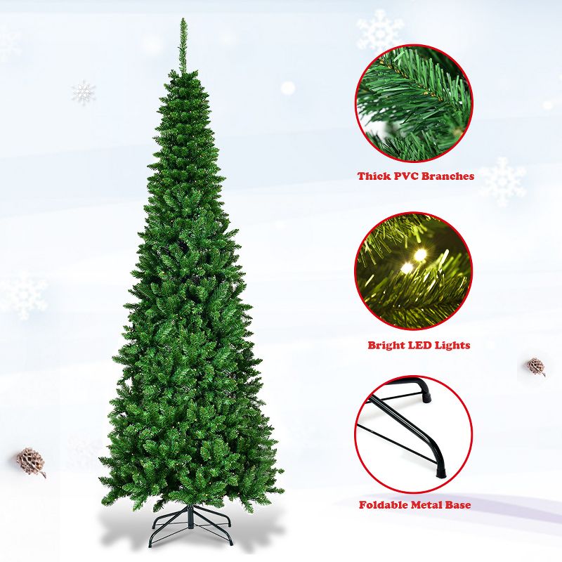 Costway 6.5ft Pre-Lit Hinged Pencil Christmas Tree 250 White Lights, 5 of 13