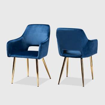 Set of 2 Germaine Velvet Upholstered Metal Dining Chairs Navy Blue/Gold - Baxton Studio: Mid-Century Modern, Arm Style
