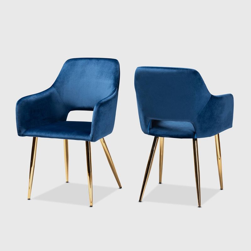 Set of 2 Germaine Velvet Upholstered Metal Dining Chairs Navy Blue/Gold - Baxton Studio: Mid-Century Modern, Arm Style, 1 of 10