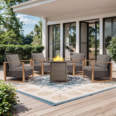 Buenhomino Outdoor Wicker Patio Furniture Set with Fire Pit Table, 5 Pieces Patio Conversation Sets with 4 Outdoor Patio Chairs and 1 Fire Pit Table