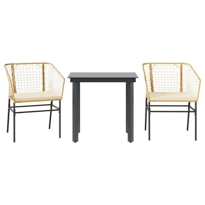 vidaXL 3 Piece Patio Dining Set with Cushions and Glass Table – Poly Rattan Outdoor Garden Furniture for Backyard, Deck, or Patio