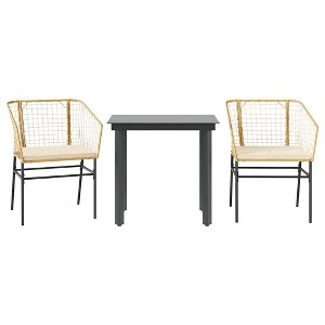 vidaXL 3 Piece Patio Dining Set with Cushions and Glass Table – Poly Rattan Outdoor Garden Furniture for Backyard, Deck, or Patio - 1 of 4