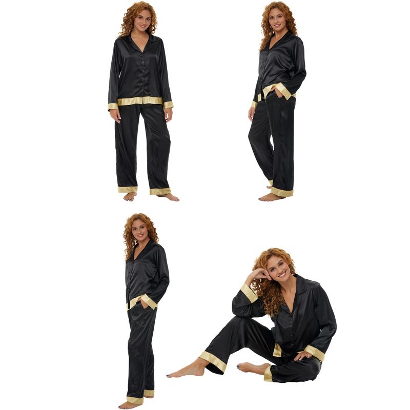 ADR Women's Classic Satin Pajamas Lounge Set, Long Sleeve Top and Pants with Pockets, Silk like PJs, 3 of 4