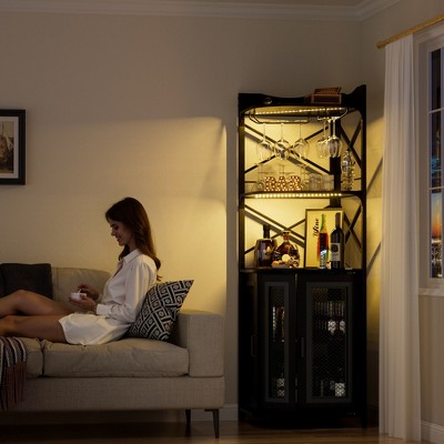 Aheaplus 5-Layer Corner Wine Cabinet with LED Light Strip and Glass Rack, Corner Display Shelf with Power Socket