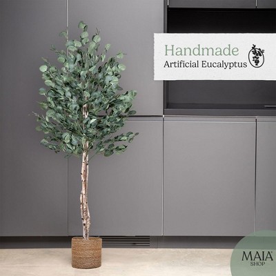 Maia 6ft Artificial Eucalyptus Tree with Natural Wood Trunk in Black Pot