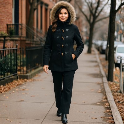 Alpine Swiss Duffy Womens Wool Blend Toggle Coat Removable Faux Fur Hood Classic Duffle Overcoat Warm Winter Jacket BLK M — фото 6