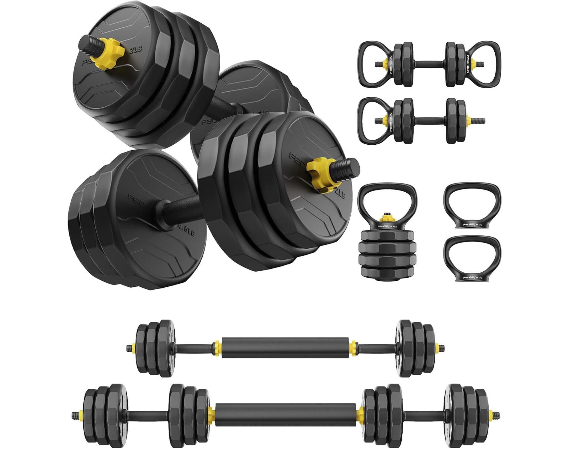 FEIERDUN Adjustable Dumbbells, 48lbs Free Weight Set with 4 Modes, Used as Barbell, Kettlebells, Push up Stand, Fitness Exercises for Home Gym