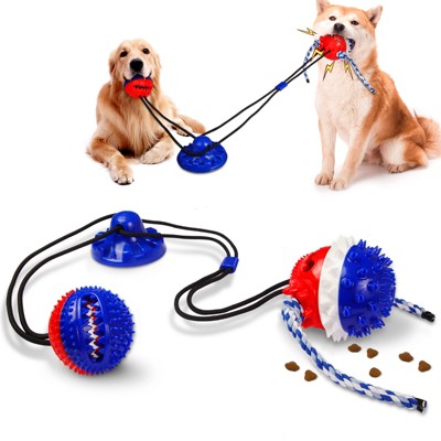Dog Chew Molar Toy with Double Suction Cup Pet Aggressive Chewers Bite Interactive Squeaky Ball Toys American Blue single suction cup + single ball
