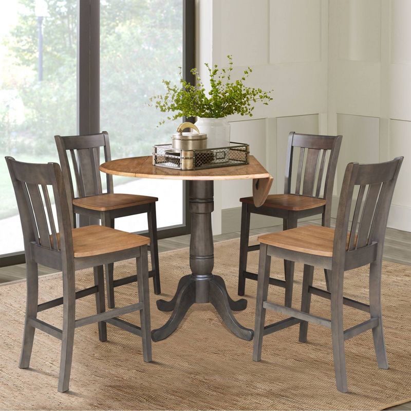 5pc 42&#34; Round Dual Drop Leaf Counter Height Dining Table with 4 Splat Back Stools Hickory/Washed Coal - International Concepts, 4 of 11