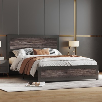 Industrial Design Platform Bed Frame with Headboard: Metal Slat Support & Built-in Charging Station – No Spring Box Required, Easy Assembly