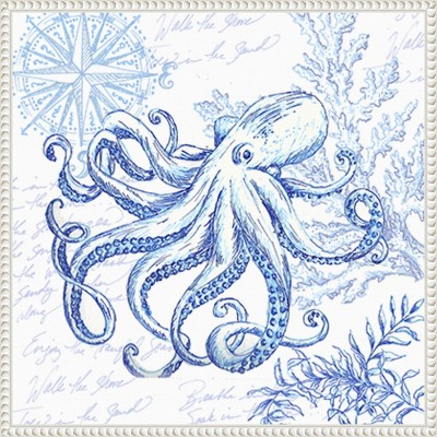 Blue Coastal Octopus Sketch Framed Canvas Wall Art