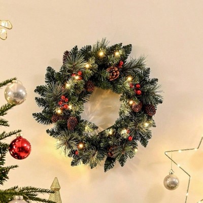 20 Inch Pre - Lit Artificial Wreath Door Decoration Outdoor Indoor Wall Fireplace Warm LED Lights Timer Operated Christmas Decor