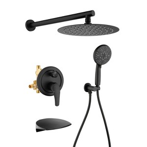 Cobbe Matte Black Single Handle Wall Mounted Shower Set with 10-Inch Overhead Rainfall Sprayer 7 Settings Handheld Showerhead and Tub Spout - 1 of 4