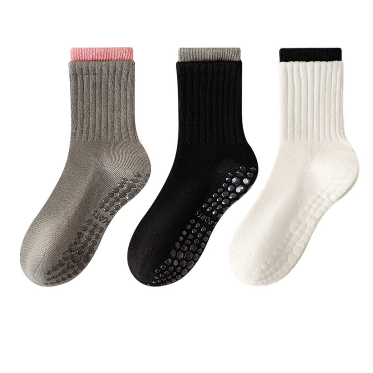 Anna-Kaci Womens Non-Slip Grip Crew Socks 3 Pair Pack Custom Color Combos Soft Ribbed Cotton with 3D Silicone Heel - thumbnail 9