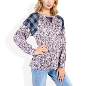 Anna-Kaci Women's Mixed Print Raglan Top with Plaid and Leopard Pattern - 1 of 4