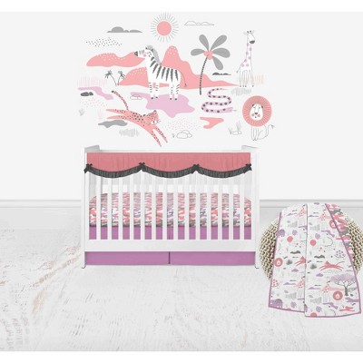 Bacati - Jungle Safari Girls Lilac/Coral Muslin 5 pc Crib Bedding Set with Long Crib Rail Guard Cover