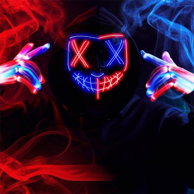 Joyfy Halloween 3 Modes Glow-in-the-Dark Mask & Gloves for Adults & Kids Cosplay Costume (Red & Blue), LED Light-Up Trick-or-Treat & Party Dress-Up