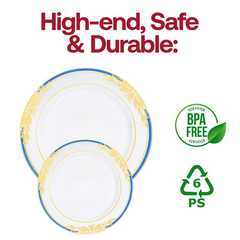 Smarty Had A Party White with Blue and Gold Harmony Rim Plastic Dinnerware Value Set (120 Dinner Plates + 120 Salad Plates), 5 of 8