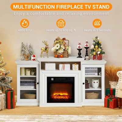 60in Tempered Glass TV Cabinet  Fireplace ，Adjustable Flame Brightness, 8in Core