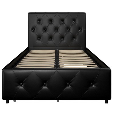 Twin Black Faux Leather Upholstered Platform Bed with Storage Drawers