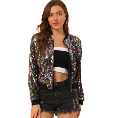 Allegra K Women s Sequin Sparkle Long Sleeve Zipper Bomber Jacket