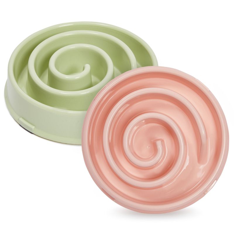 Juvale 2 Pack Interactive Spiral Dog Bowl, Slow Feeder Pet Dish, Pink and Green, 1 of 8