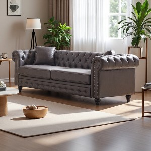 85.5" Tech Fabric Chesterfield 3-Seater Sofa with Rolled Arms, Button Tufted & 2 Cushions - 1 of 4