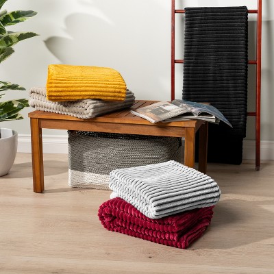 Black Ribbed Fleece Flannel Throw Blanket, 50x60 Inches