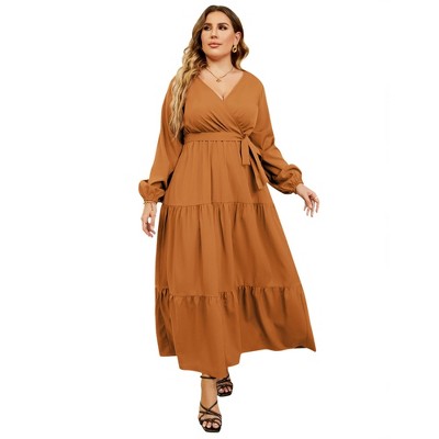 BLUEMING Plus Size Maxi Dress Floral V Neck Surplice Dress with Lantern Sleeve Tie Waist Dresses Plus Size