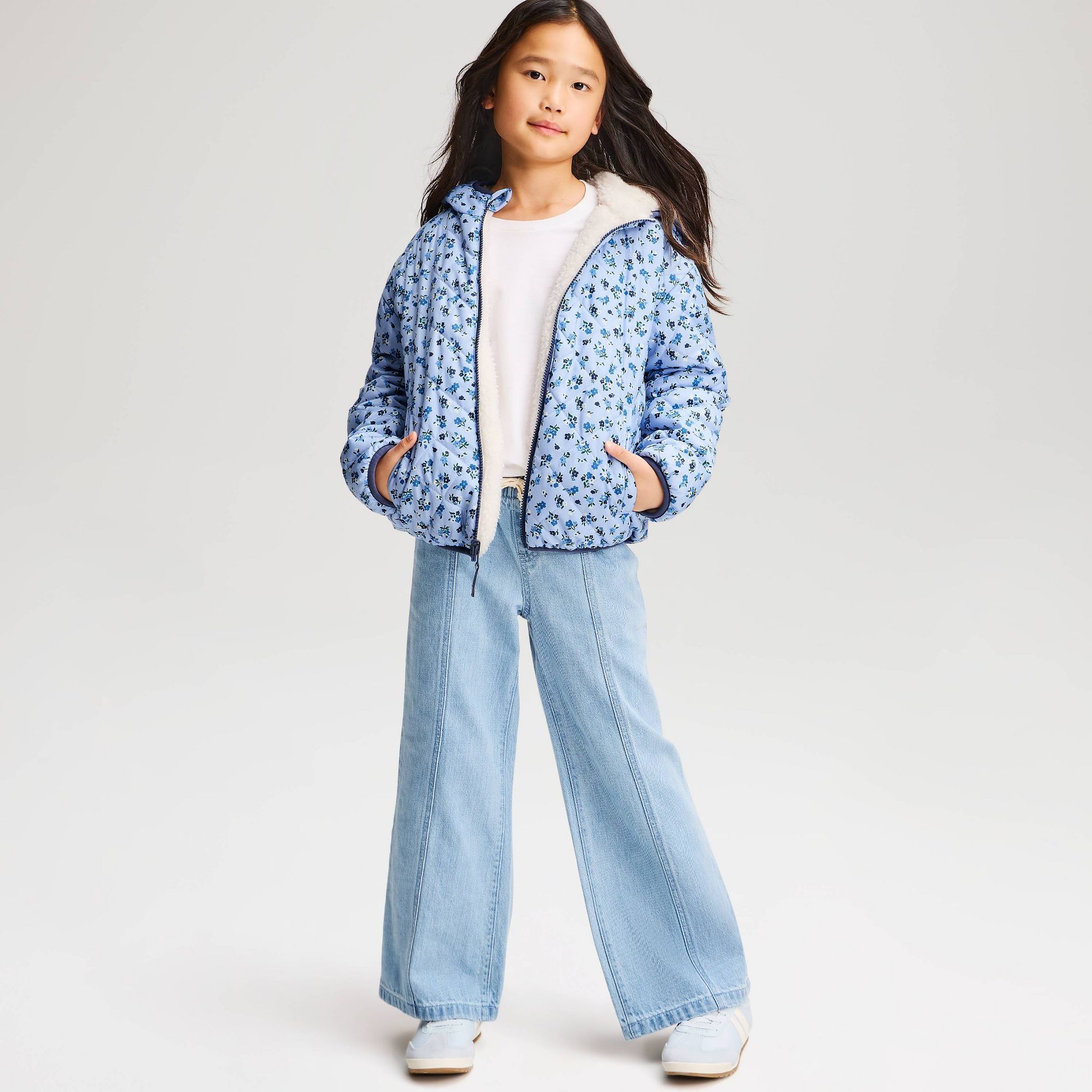 Girls' Floral Print Reversible Puffer Jacket - Cat & Jack™ Blue/White XS