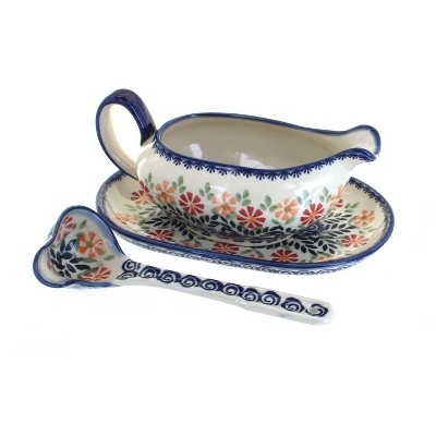 Blue Rose Polish Pottery S119 Manufaktura Gravy Boat Plate & Ladle