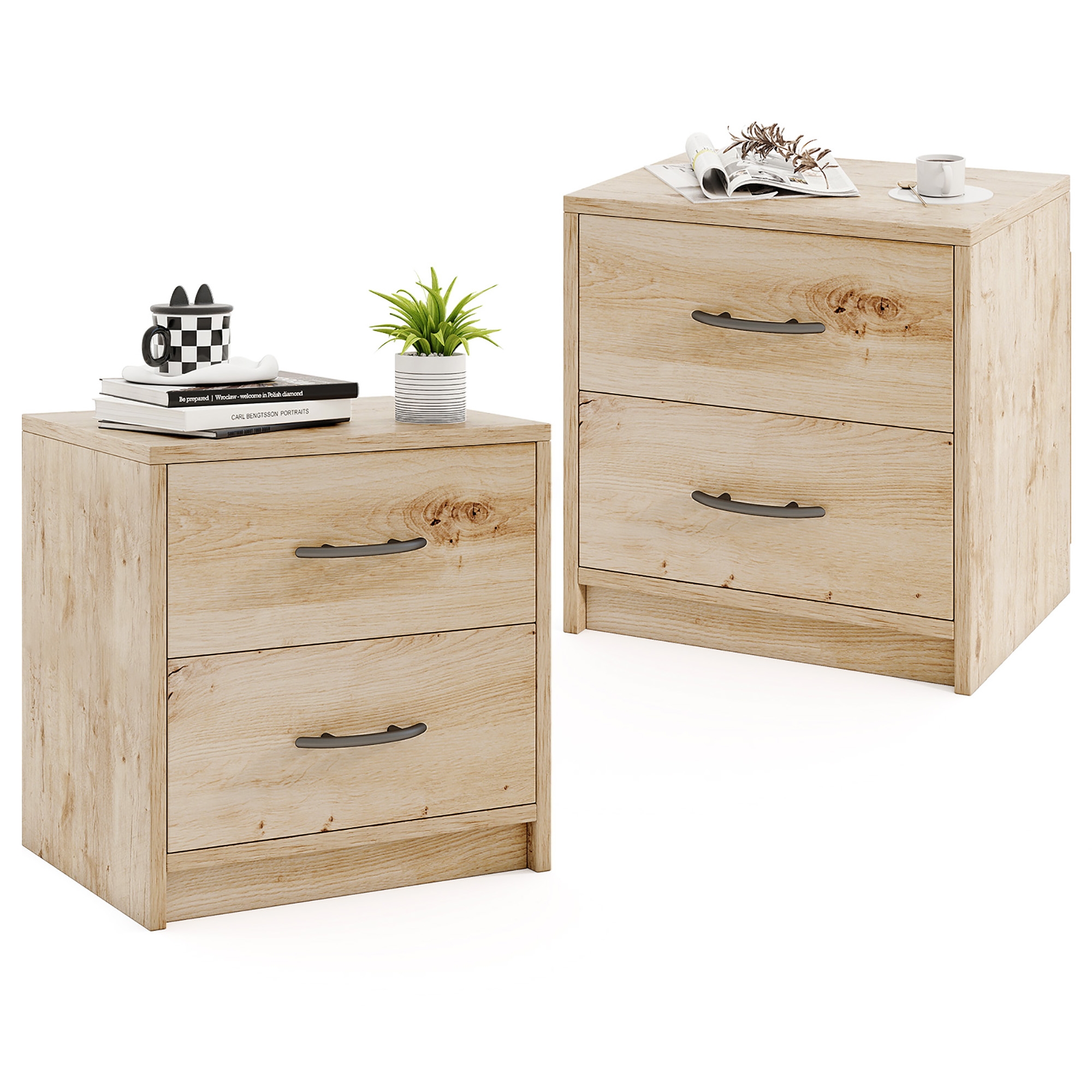 Costway 2PCS 2-Drawer Nightstand Modern Bedside Table w/ Storage for Living Room Bedroom Oak