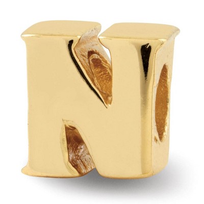 Black Bow Jewelry Letter N Bead Charm in 14k Yellow Gold Plated Sterling Silver
