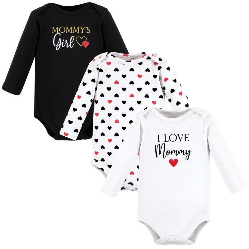 Hudson Baby Infant Girl Cotton Long-Sleeve Bodysuits, Girl Mommy Red Black 3-Pack, 1 of 6