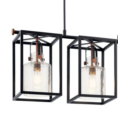 Black Steel Cage 3-Light Linear Chandelier with Clear Seeded Glass