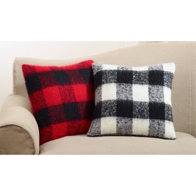 Black and White Faux Mohair Buffalo Plaid Square Throw Pillow