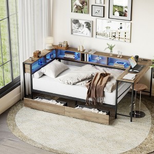 Sapphtopaz Corner Bed Frame with Bookcase & 2 Underbed Drawers, Modern Daybed for Small Bedrooms, Teens & Young Adults - 1 of 4