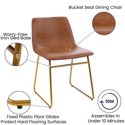 Light Brown LeatherSoft Bucket Dining Chairs with Gold Sled Base, Set of 2