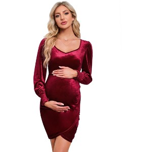 Women's Maternity Velvet Dress Bodycon Long Sleeve Sweetheart Ruched Wrap Split Cocktail Dress Photoshoot Baby Shower - 1 of 4