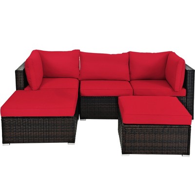 Red 5-Piece Outdoor Rattan Sectional Sofa Set with Ottomans