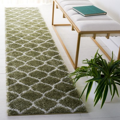 Sage and White Geometric Shag Runner Rug 2' x 9'