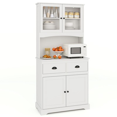 Tangkula Tall Storage Cabinet Freestanding Kitchen Pantry w/ Microwave Stand & 2 Drawers for Living Room Dining Room