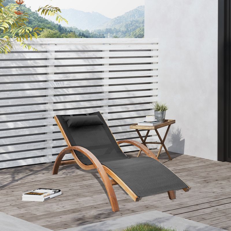 Outsunny Outdoor Chaise Wood Lounge Chair with Pillow, Armrests, Breathable Sling Mesh and Comfortable Curved Design for Patio, Deck, and Poolside, 3 of 7