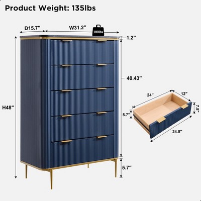 SinCiDo Modern 5 Drawer Fluted Dresser With Gold Accents, 48" Tall Wood Storage Chest of Drawers for Bedroom, Living Room